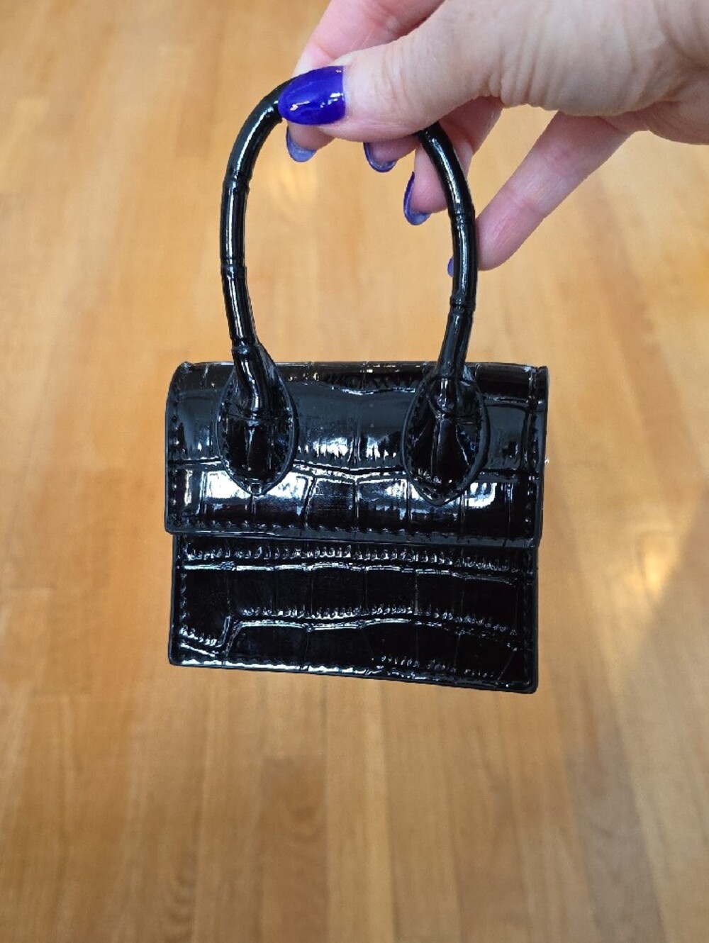 NWOT Black Croc-Embossed Patent Top-Handle Mini Bag - Picture 2 of 8